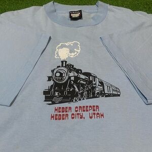 Vintage 80s Historic Herber City Creeper Train Utah T-Shirt Size L/XL Light Blue